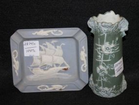 Two Pieces of Decorative Bisque, Wedgewood Style Vase and an Ashtray