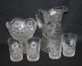 Cut Glass Pitcher, Four Tumblers and a Pressed Glass Compote