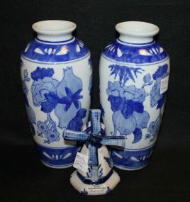 Two Blue and White Contemporary Porcelain Vases along with a Blue and White Porcelain Windmill
