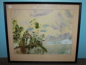 Watercolor of House on Pond, signed V. Hutchinson