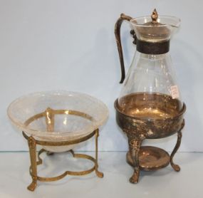 Brass Holder Containing Crackle Glass Bowl along with a Silverplate Holder with Glass Tea Pot