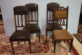 Three Matching Oak and Leather Chairs along with One Odd Oak Side Chair