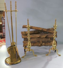 Fireplace set, Pair of Brass Andirons and Lighted Fireplace Logs