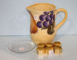 Set of Six Napkin Rings, Glass Dish and a Painted Ceramic Pitcher