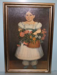 Contemporary Oil Painting of Young Girl with Basket of Flowers