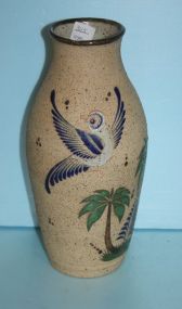 Contemporary Pottery Vase with Painting of Bird and Palm Tree