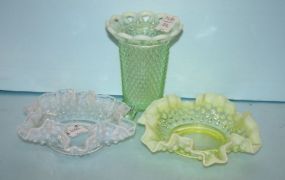 Two Victorian Glass Ruffle Edge Dishes along with a Victorian Glass Vase