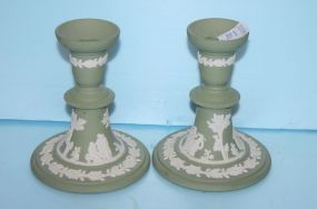 Pair of Green Wedgewood Candlesticks with Beautiful Classical Figurines