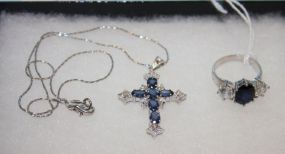 Blue Sapphire and Sterling Cross and Ring
