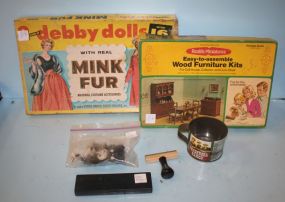Two Stand Up Debby Dolls, Miniature Furniture Kits, Stamp, Vintage Small Porcelain Animals
