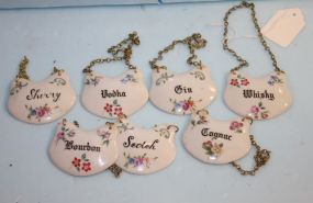 Set of Seven Limoge Porcelain Hand Painted Decanter Tag Labels with Chain