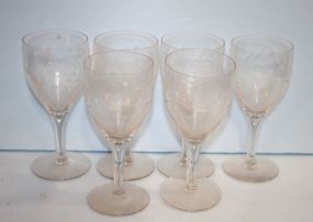 Set of Six Vintage Etched Glasses