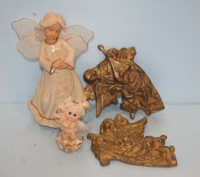 Two Decorative Angels and Pair of Brass Angel Plaques