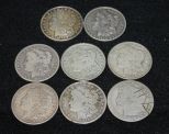 Eight Morgan Silver Dollars 1896, 1900, 1901, (5) 1921