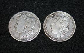 Two Morgan Silver Dollars 1890 and 1880