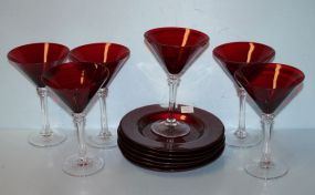 Set of Six Ruby Red Martini Glasses clears stems, matching set of 6 serving plates; 7 1/2