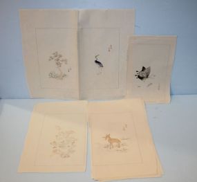 Group of Seven Small Unframed Pen and Ink Drawings