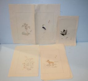 Group of Seven Small Unframed Pen and Ink Drawings