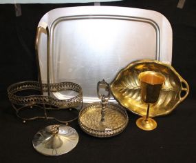 Group of Miscellaneous Items Various silverplate, aluminum and brass pieces, tray, decanter holder, compote, lid, cup, tray