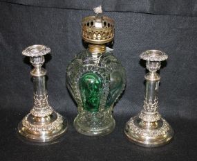 Pair of Silverplate Candlesticks and an Glass Oil Lamp