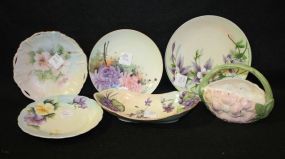Four Hand Painted Plates, Hand Painted Tray and a Basket