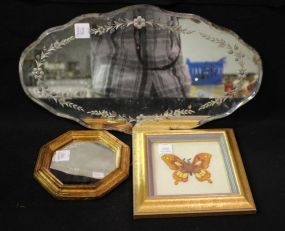 Vintage Etched Mirror Plateau, Picture of Butterfly and an Eight Sided Small Mirror