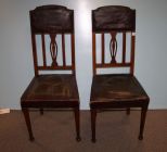 Pair of Oak Tall Back Chairs with Leather Seats and Backs