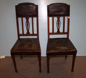 Pair of Oak Tall Back Chairs with Leather Seats and Backs