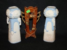 Pair of Made in Japan Blue and White Ceramic Vases along with a Brown Double Handle Vase