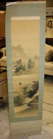 Signed Watercolor Paper and Oriental Silk Scroll