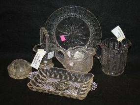 Glass Lot Consisting of Press Glass Pitcher, Basket, Frog and a Round Plate