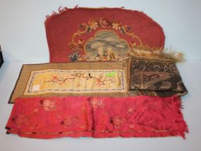 Needlepoint/Petit Point Seat Cover, Silk and Embroidered Table Top Dollie and Several Fabric Pieces