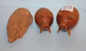 Three Wood Carved Pigs