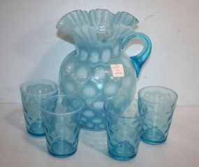 Aqua Coin Dot Pitcher and Four Tumblers