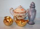 Gold Ceramic Creamer and Sugar, Lusterware Shaker and a Lucky China Covered Sugar