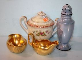 Gold Ceramic Creamer and Sugar, Lusterware Shaker and a Lucky China Covered Sugar