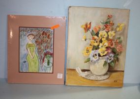 Watercolor by Evelyn North and an Oil Painting of Flowers by Kaffey Frazier