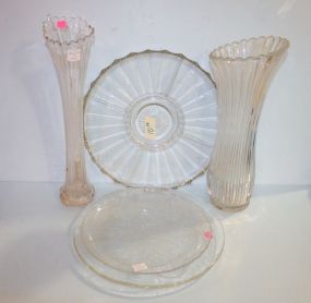 Three Glass Plates along with Two Vases