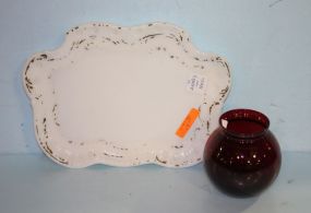 Milk Glass Tray and a Cranberry Bowl