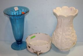 Milk Glass Bowl and Vase along with Blue Glass Vase