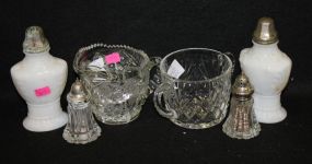 Press Glass Pitcher, Creamer and Two Pairs of Shakers
