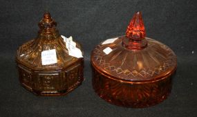 Two Amber Glass Covered Dishes