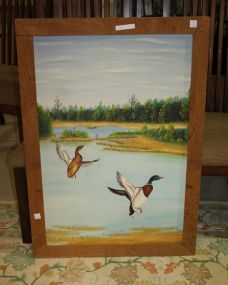 Oil Painting of Flying Ducks, signed WEA in Cypress Frame