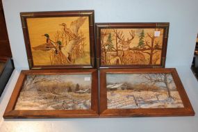 Two Hand Painted Wood Carved Pictures along with Two Prints of Birds