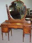 20th Century Walnut Vanity With Stools and Shield Shape Mirror