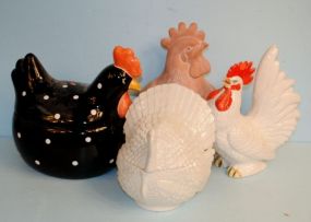 Pottery Terra Cotta Color Wall Rooster, Ceramic White Turkey, Covered Rooster Container and a White Ceramic Rooster