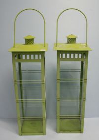 Two Metal Yard Lanterns Painted Green