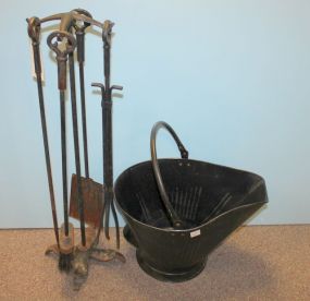 Tin Coal Bucket with Iron Fireside Set