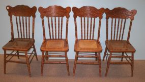 Set of Four Carved Oak Spindle Back Side Chairs with Cane Seats