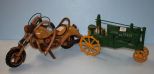 Wood Motorcycle and Metal John Deere Tractor